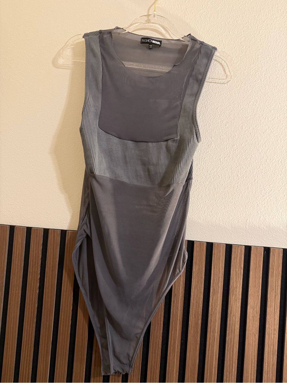 Fashion Nova Gray Sheer Ribbed Tank Bodysuit - Picture 3 of 7